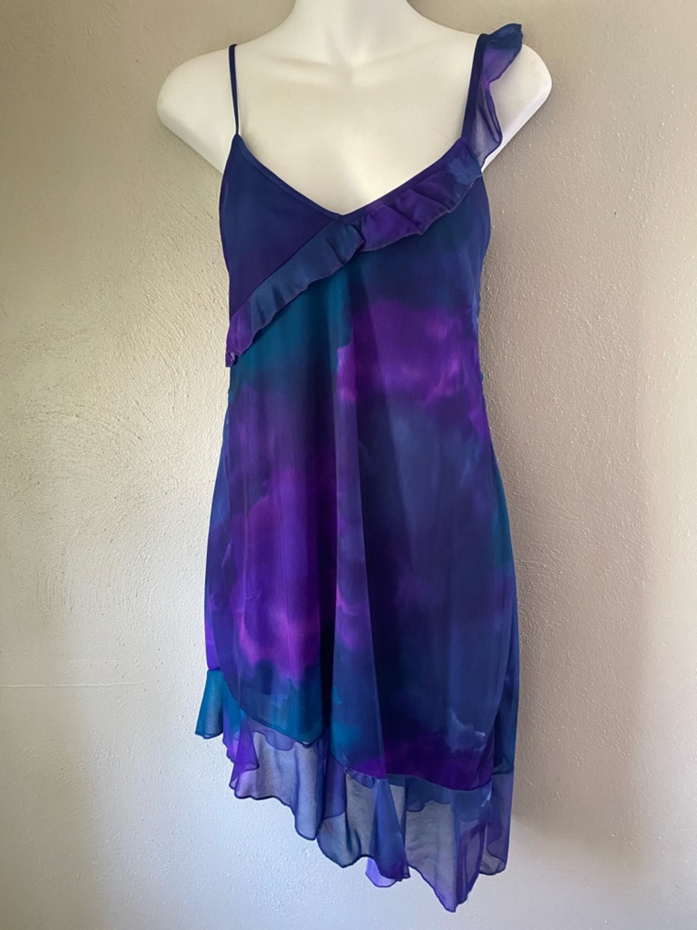 Purple & Teal Watercolor Ruffle Slip Dress vintage Frederick’s